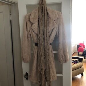 Hazel Cream Teddy cut chenille Jacket with Brown Tie size large& free scarf